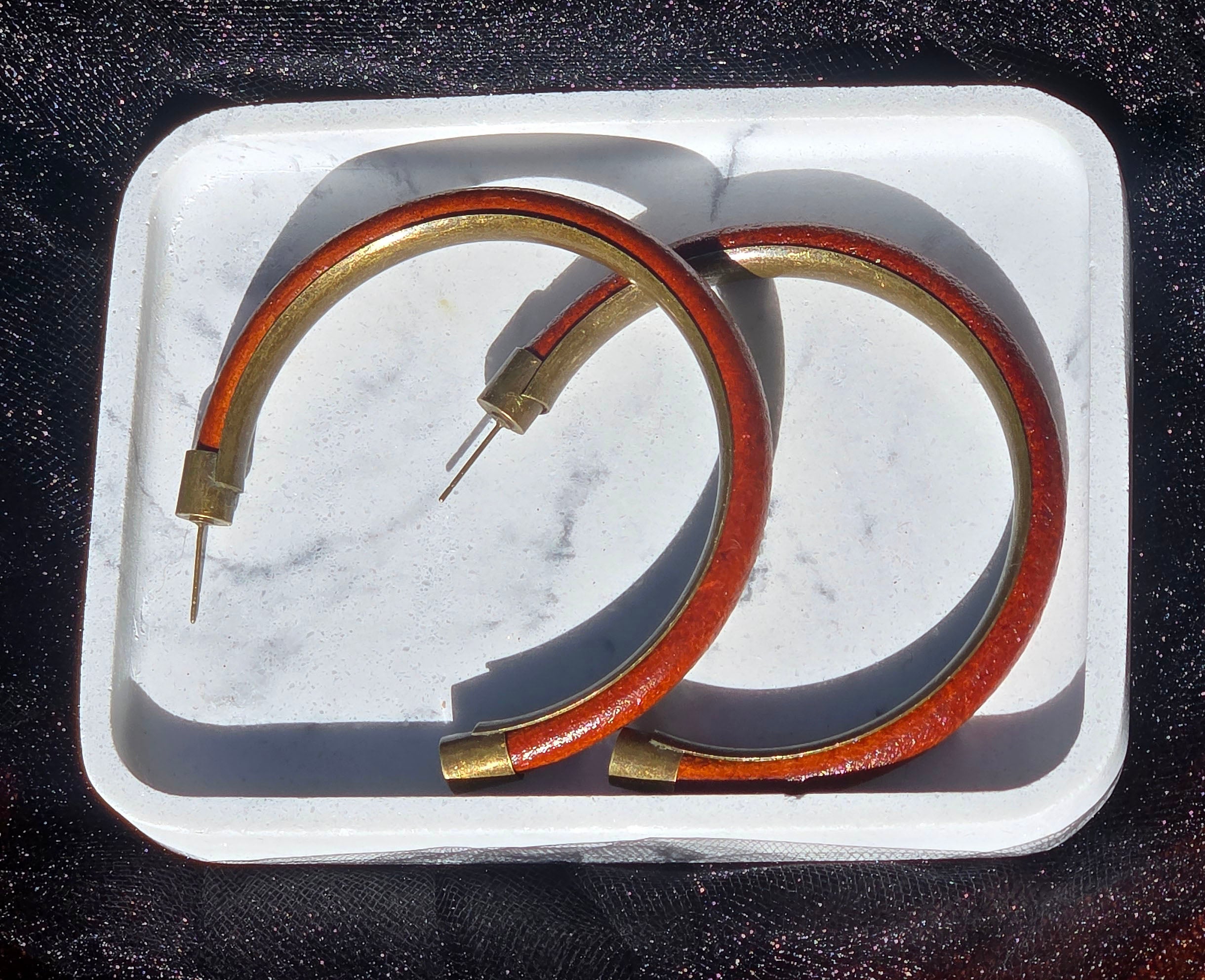 Leather Hoop Earrings with Brass Accent